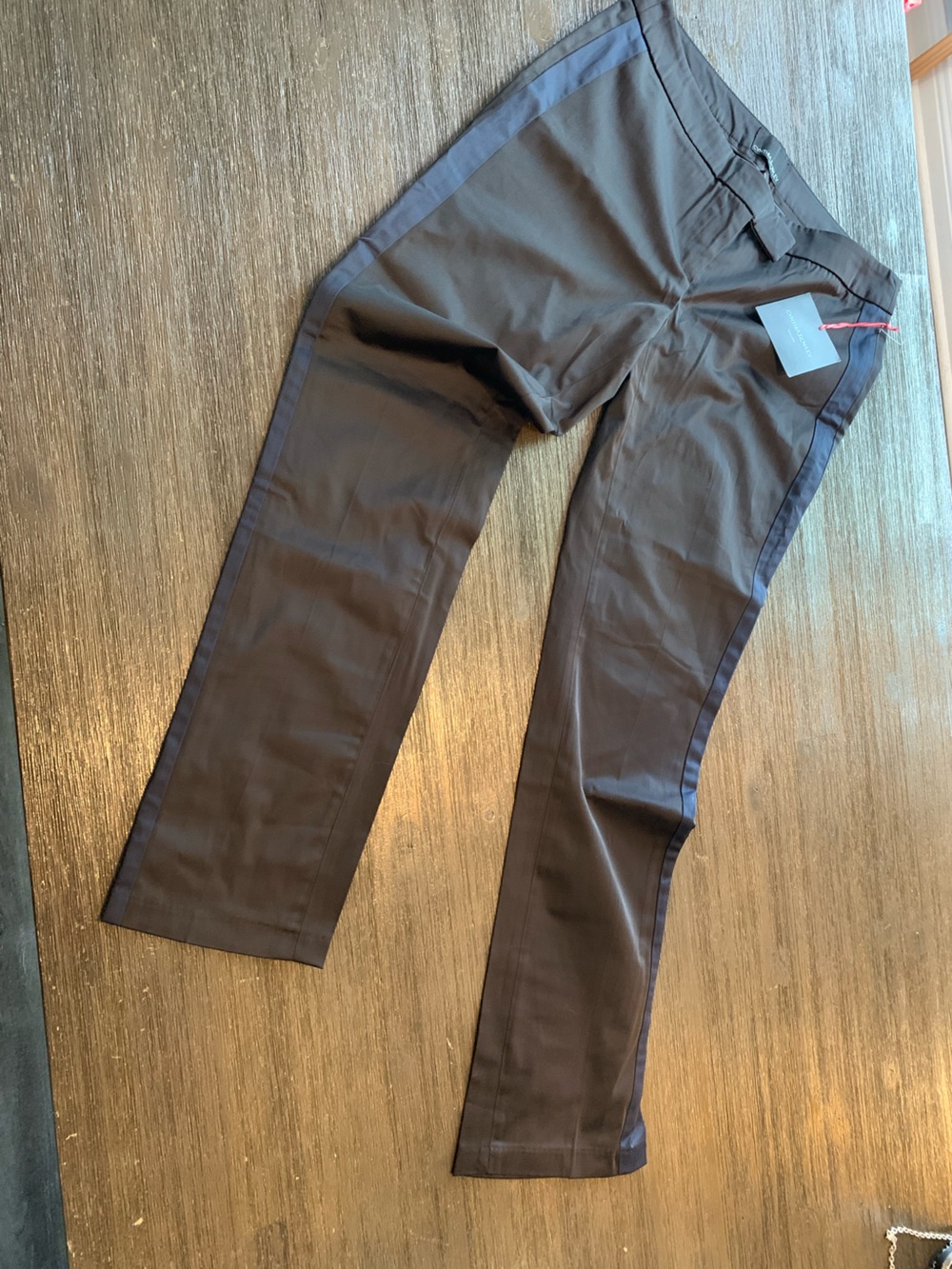 Cynthia Rowley Brown Straight-Leg Dress Pants with Navy Side Stripe